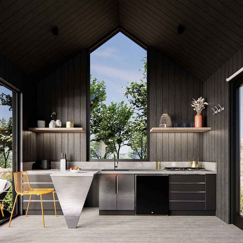 Modern kitchenette, embodying a cabin-inspired design. Includes compact appliances and ample storage space, blending functionality with rustic charm for a cozy, efficient kitchen layout in a small space.