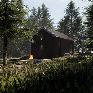 Back view of a cabin nestled in the woods, featuring a stunning outdoor firepit. Long rear windows enhance natural light and blend with the forest surroundings, creating a seamless indoor-outdoor connection in rustic, modern cabin style.