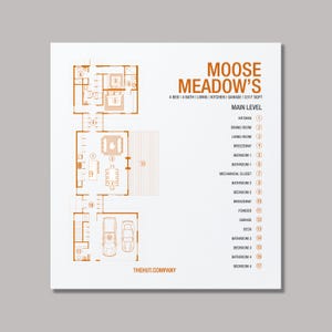 Floor plan of Moose Meadows Cabin – an L-shaped Scandinavian Barndominium featuring 4 beds, 4 baths, kitchen, dining, living, breezeway, powder room, MEC, garage, and deck. Functional design blending rustic charm with modern comfort.