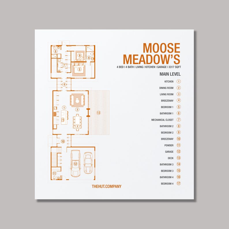 Floor plan of Moose Meadows Cabin – an L-shaped Scandinavian Barndominium featuring 4 beds, 4 baths, kitchen, dining, living, breezeway, powder room, MEC, garage, and deck. Functional design blending rustic charm with modern comfort.