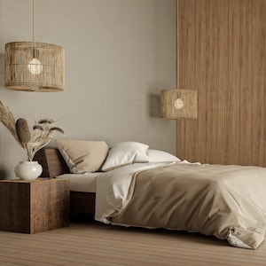 modern and minimalist bedroom with wooden wall, earth tone style, global lighting, a wooden headboard and wooden walls in a bedroom, light amber and beige, bedroom in a minimalist space with wooden walls, bedroom with a white duvet