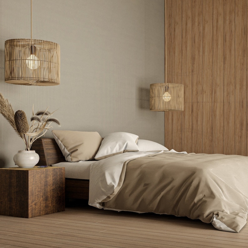 modern and minimalist bedroom with wooden wall, earth tone style, global lighting, a wooden headboard and wooden walls in a bedroom, light amber and beige, bedroom in a minimalist space with wooden walls, bedroom with a white duvet