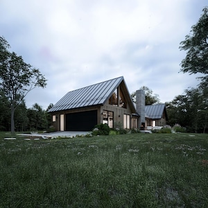 A sleek side profile of the cabin showcases the angular lines of the asymmetrical roof, dark metal roofing, and natural wood siding, highlighting the balance of modern design with rustic elements