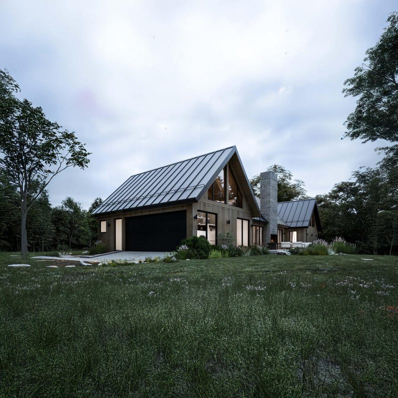 A sleek side profile of the cabin showcases the angular lines of the asymmetrical roof, dark metal roofing, and natural wood siding, highlighting the balance of modern design with rustic elements
