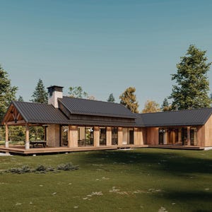 log cabin with large rock formations, in dark bronze and dark beige style, hybrid of contemporary and traditional, lilla cabot perry, clean lines, modern ranch style house, a large cabin in the mountains, southern countryside, cabin in groves