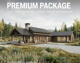 Op de afbeelding: Een architectonische weergave van een moderne gelijkvloerse woning met een overdekt terras. De afbeelding toont de tekst "PREMIUM PACKAGE" en details: 3 slaapkamers, 2 badkamers en 167 vierkante meter verwarmde ruimte. Het huis heeft een donker dak, houten gevelbekleding en grote ramen.