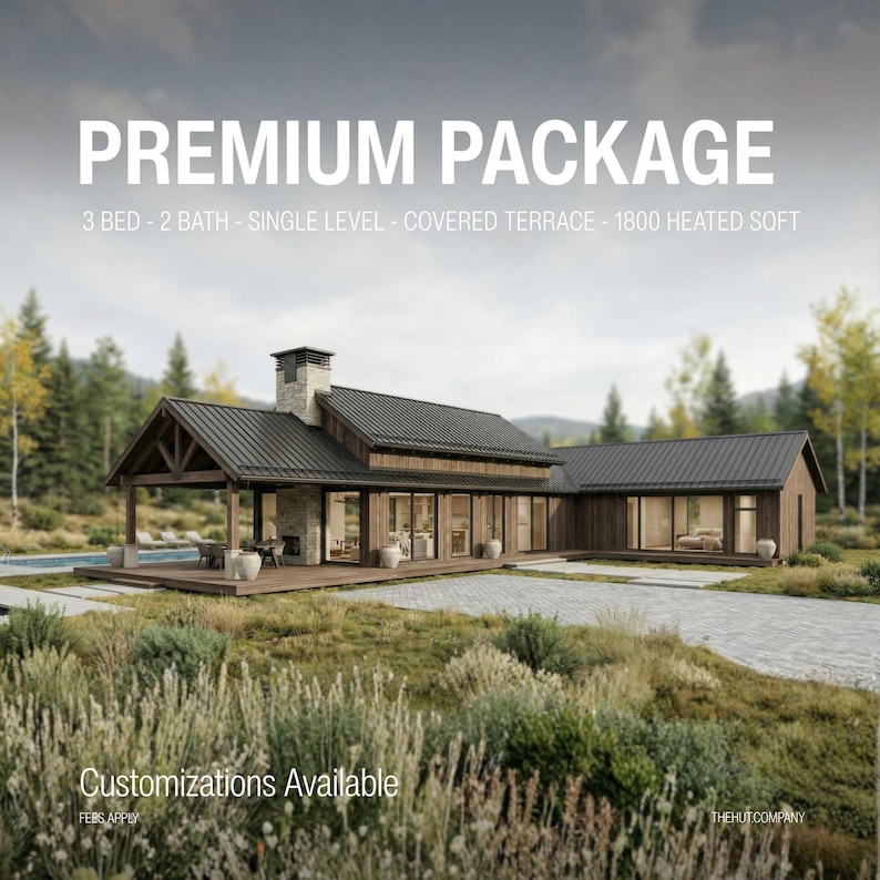 K&ouml;nnte beinhalten: Eine architektonische Darstellung eines modernen, ebenerdigen Hauses mit &uuml;berdachter Terrasse. Das Bild zeigt den Text "PREMIUM PACKAGE" und Details: 3 Schlafzimmer, 2 B&auml;der und 167 Quadratmeter beheizte Fl&auml;che. Das Haus hat ein dunkles Dach, Holzverkleidung und gro&szlig;e Fenster.