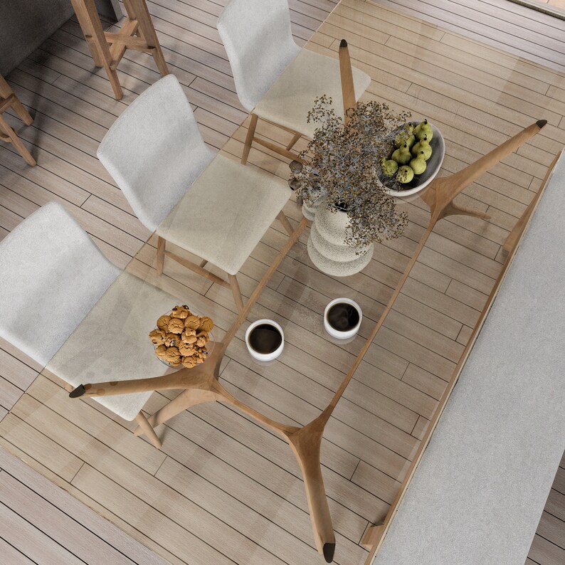 wooden dining table, with a style of precise nautical details, contemporary glass, aerial view, modernist influences, a dining table and chairs on a wooden floor, coffee  on the table, vase on the table, bench in the dining room, messa glass and wood