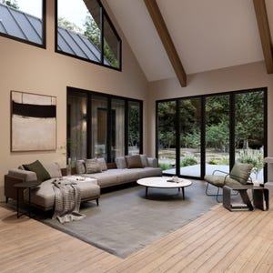 A warm, open-concept living and dining area with vaulted ceilings, exposed wooden elements and floor-to-ceiling windows. A statement fireplace anchors the space, complemented by cozy seating, a sleek dining table, and soft ambient lighting