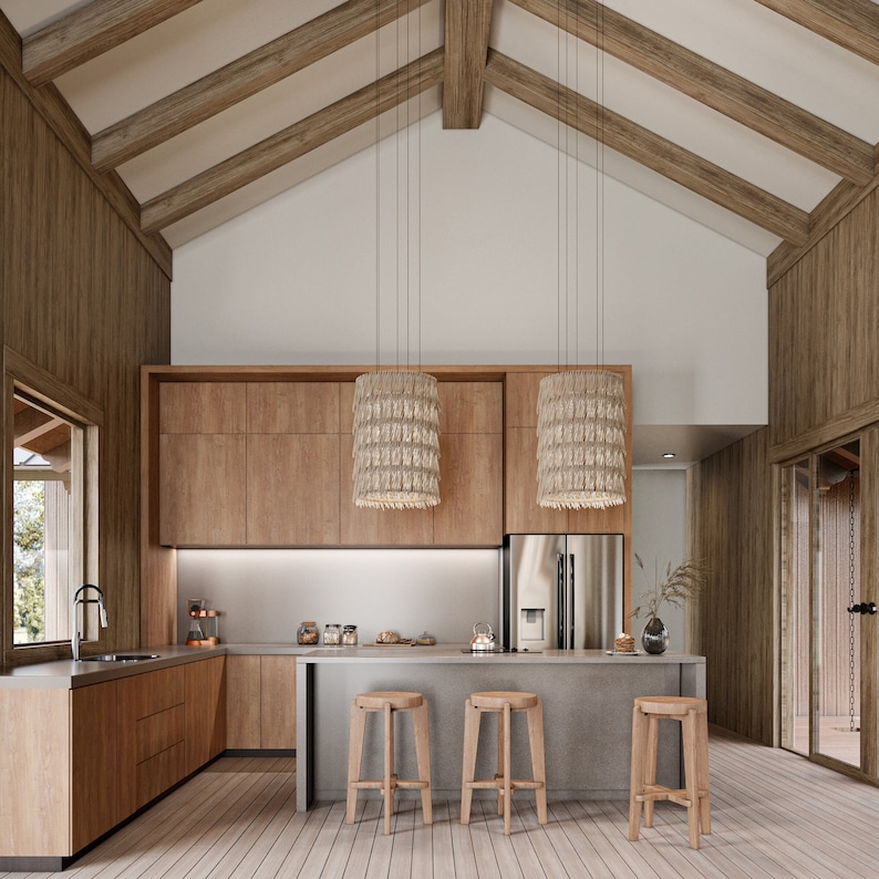 this is a kitchen with wooden beams and ceiling, naturalistic renderings, different wood grains, an open kitchen with wooden materials, wooden construction, subtle decoration, artistic designs, a modern kitchen with wooden ceilings and floors, beams.