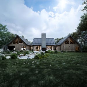 A sleek side profile of the cabin showcases the angular lines of the asymmetrical roof, dark metal roofing, and natural wood siding, highlighting the balance of modern design with rustic elements