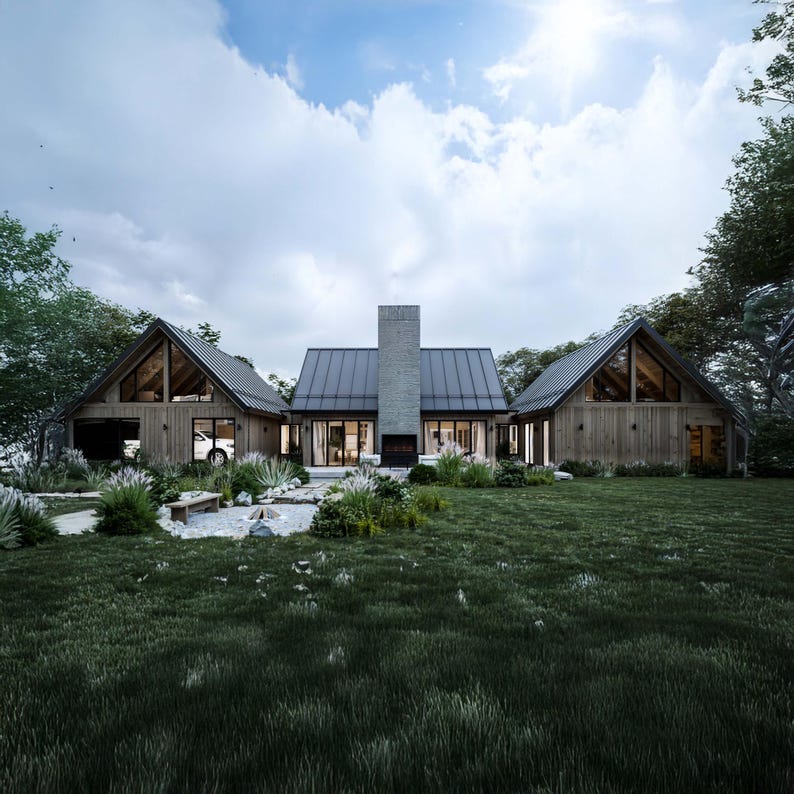 A sleek side profile of the cabin showcases the angular lines of the asymmetrical roof, dark metal roofing, and natural wood siding, highlighting the balance of modern design with rustic elements