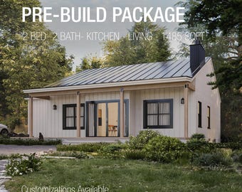Tiny House Floor Plan | 2-Bedroom Modern Farmhouse Cottage | Cozy Family Home with Fireplace | Digital Architectural Blueprints