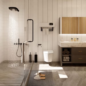 Modern bathroom with a minimalist design, featuring sleek white panel walls, a rainfall showerhead, and a marble countertop vanity. The space includes a floating toilet, towel storage, and soft gray flooring, creating a serene, contemporary ambiance
