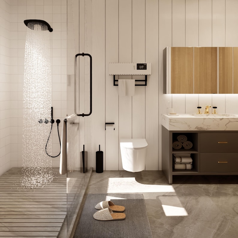 Modern bathroom with a minimalist design, featuring sleek white panel walls, a rainfall showerhead, and a marble countertop vanity. The space includes a floating toilet, towel storage, and soft gray flooring, creating a serene, contemporary ambiance