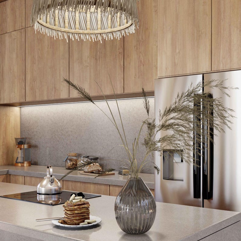 wooden dining table, with a style of precise nautical details, contemporary glass, aerial view, modernist influences, a dining table and chairs on a wooden floor, coffee  on the table, vase on the table, bench in the dining room, messa glass and wood