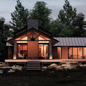 Cabin plan in the mountains 3d rendering, in the style of organic modernism, pastoral charm, light black and dark beige, a small cabin-style house, contemporary log cabin in Wisconsin with covered porch