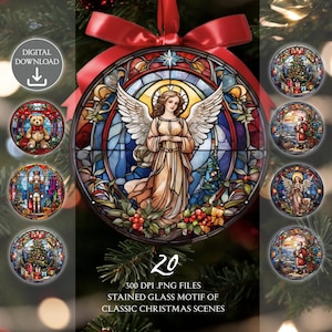 20 anges de Noël et scènes de Noël, vitrail Clip Art Bundle 2, sublimation d'ornement PNG, usage commercial, téléchargement immédiat