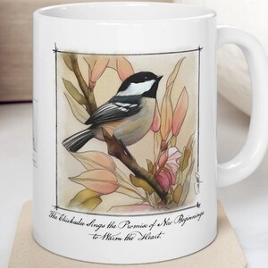 CHICKADEE CERAMIC MUG  | Cottage Core Decor | Inspirational Gift | Chickadee Bird  | Vintage Garden Bird