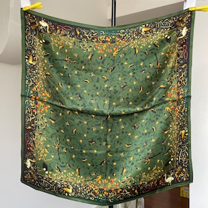 One! 100% Pure Mulberry Silk Multicolour Large Silk scarf / Headscarf - The Green Birds, Life Tree, White Rose