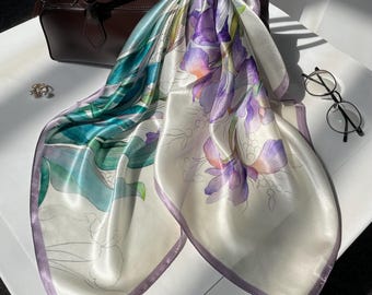 100% Pure Mulberry Silk HeadScarf - 26”Large Lightweight Bandana/Hair Scarf - Botanical Silk Scarf Gift