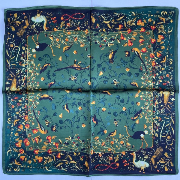 One! 100% Pure Silk Multicolour Small Silk scarf -The Green Birds, The Horse&Moon, The Zebra