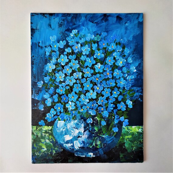 Me Not Original Painting Flower Texture Painting Blue Etsy