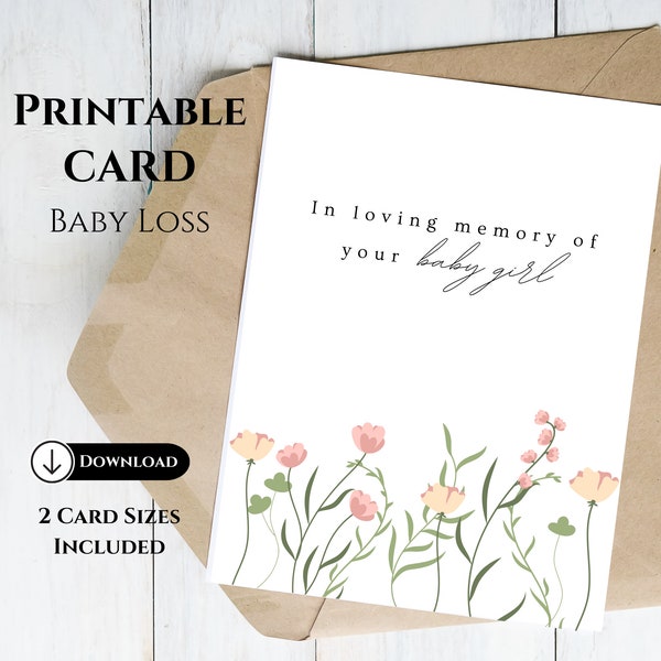 Printable Baby Loss Card, Memory of Baby Girl Sympathy Card, Bereavement Condolence Card, Miscarriage Stillborn Infant Loss Gift, Angel Baby
