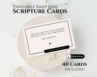May include: Printable baby loss scripture cards with a pink background and black text. The card features the quote "Blessed are they that mourn: for they shall be comforted." Matthew 5:4. The text "Comfort Through Grief" is at the bottom of the card. The image also includes the text "40 Cards Included".