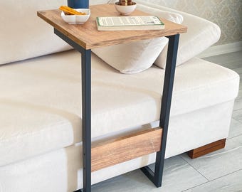 Tablet Desk End Table Slide Under Couch or Sofa, TV Tray Snack Table for Living Room, Small Space Side Table for Bed, Office, White