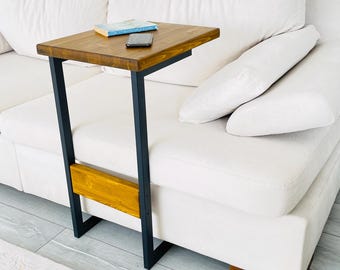 Heavy Wood Top Laptop Desk Slide Under Couch Side Table, Thick Solid Wooden Top Metal Leg C Shaped End Table, Sofa, Couch for Tiny Place