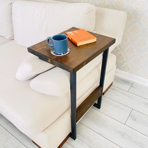 Slide Under Couch Narrow Metal Leg C Shaped Solid Heavy Wood End Table, Many Color Tablet Table,Sofa, Couch Walnut,Black,Chestnut