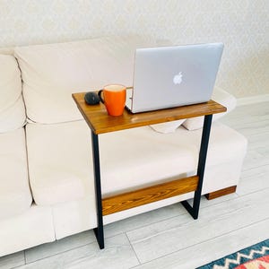 Wide C Shaped Laptop Desk for Living Room Couch, Solid Pine Computer with Mouse & Snacks, Slide-Under Handmade Rustic Metal Table