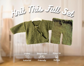 Full Baby Knitwear Set: Wrap Style Sweater + Pants -- Easy Knitting Pattern for Babies [PDF+Video Tutorial] - Knit Flat (0-2 yrs) | Heni Set