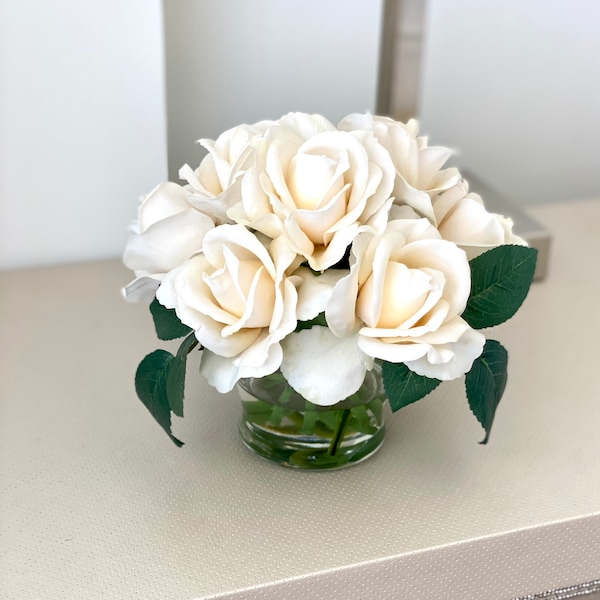 Real Touch Rose Arrangement, Ivory Rose Arrangement, Rose Centerpiece, Artificial Rose Arrangement, Ivory Rose Centerpiece, Floral Arran