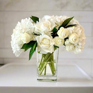 Real Touch Ivory Hydrangea, Rose, and Ranunculus Floral Arrangement, Hydrangea Centerpiece, Artificial Floral Decor, Faux Flower Decor