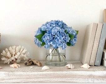 Real Touch Blue Hydrangea Centerpiece: Faux Floral Arrangement in Glass Vase by