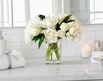 Real Touch Ivory Hydrangea Centerpiece: Rose & Ranunculus Faux Floral Arrangement