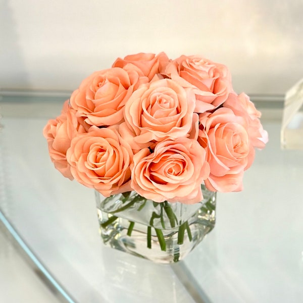 Real Touch Rose Arrangement, Coral Rose Arrangement, Coral Rose Centerpiece, Artificial Rose Arrangement, Coral Rose Centerpiece, Nightstand