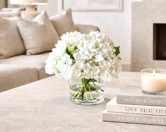 Real Touch White Hydrangea Arrangement: Faux Floral Centerpiece in Glass Vase