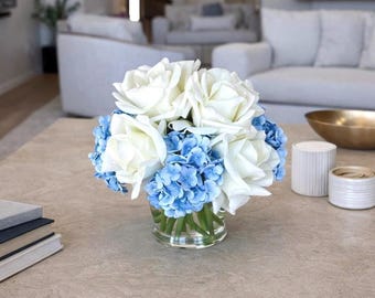 Real Touch Floral Decor Hydrangea & Rose Arrangement, Floral Centerpiece in Glass Vase