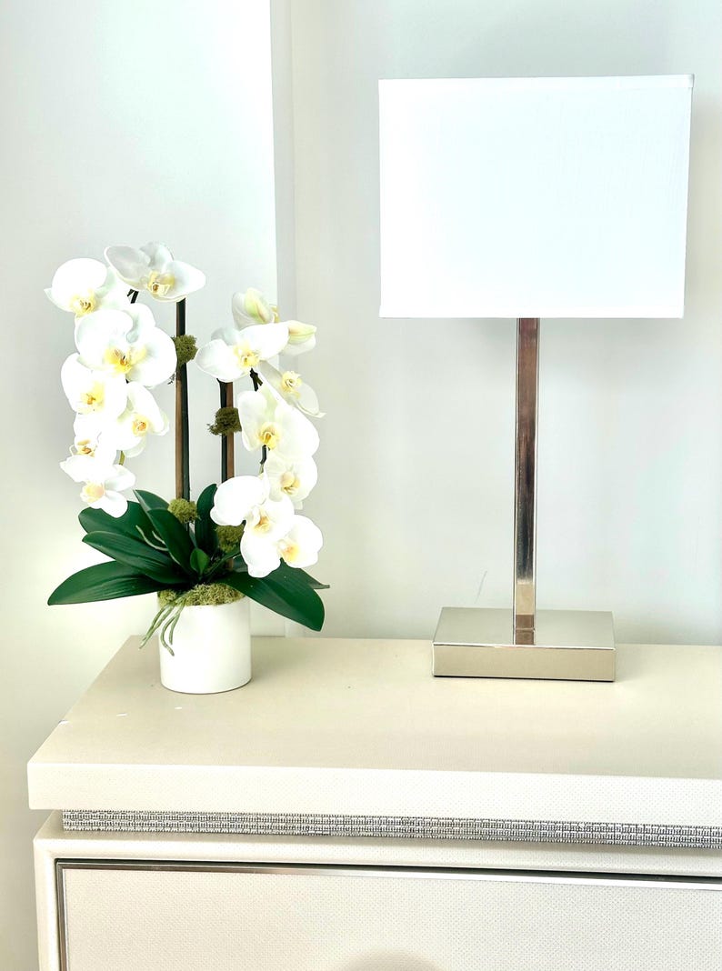 May include: A white orchid arrangement in a small white pot with green leaves and moss, next to a silver lamp with a white rectangular shade. The lamp and orchid are on a white surface.