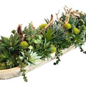 Lush Faux Succulent Arrangement, Long Wood Centerpiece, Large Succulent Planter, Faux Plants, Home Decor, Greenery Centerpiece