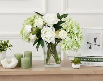 Real Touch Hydrangea Centerpiece: Faux Rose & Ranunculus Arrangement