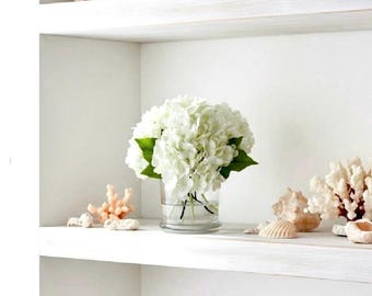 Real Touch White Hydrangea Centerpiece: Faux Floral Arrangement in Glass Vas