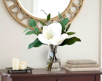Real Touch White Magnolia & Eucalyptus Centerpiece - Faux Water