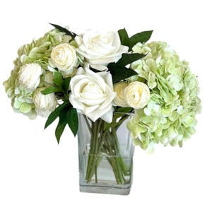 Real Touch Green and White Hydrangea, Rose, and Ranunculus Arrangement, Hydrangea Centerpiece, Artificial Floral Decor, Faux Flower Decor