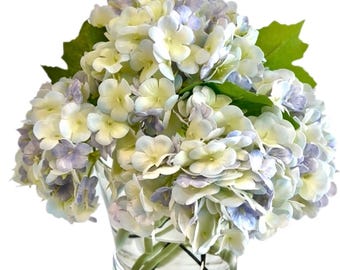 Real Touch Light Blue Hydrangea Arrangement, Transition Hydrangea Centerpiece, Faux Hydrangea Arrangement, Real Touch Hydrangea Glass Vase