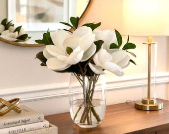 Real Touch White Magnolia & Greenery Centerpiece - Faux Water