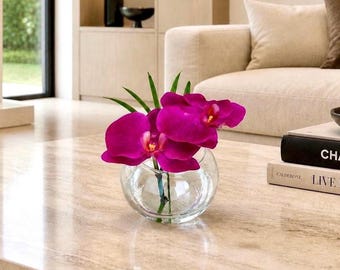 The Juliette Real Touch Fuchsia Orchid Arrangement in Faux Water, Small Orchid Centerpiece, 6” Floral Decor, Modern Home Accent, Gift